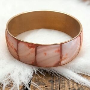 Vintage Mother of Pearl Inlay Bangle Bracelet White w/Red Hues Brass Boho